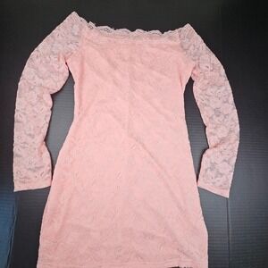 GORGLITTER Pink Floral Lace Off Shoulder Mini Dress Long Sleeve Coquette NEW S